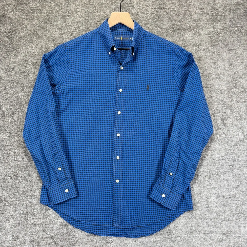 Ralph‎ Lauren Pony Mens Long Sleeve Button Down Shirt Gingham Check Blue Black M